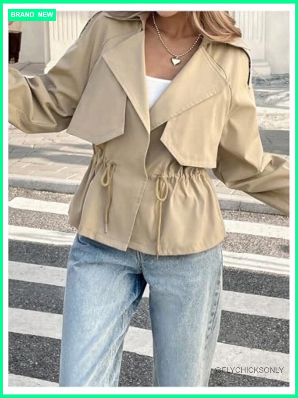 Open Front Long Sleeve Trench Coat Drawstring Waist Lapel Overcoat - Picture 5 of 6